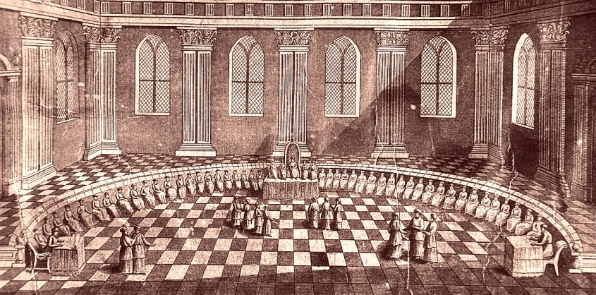 חכמי הסנהדרין ישובים בלשכת הגזית, מתוך מודל בית המקדש הראשון מהמאה ה17- באדיבות ויקיפדיה